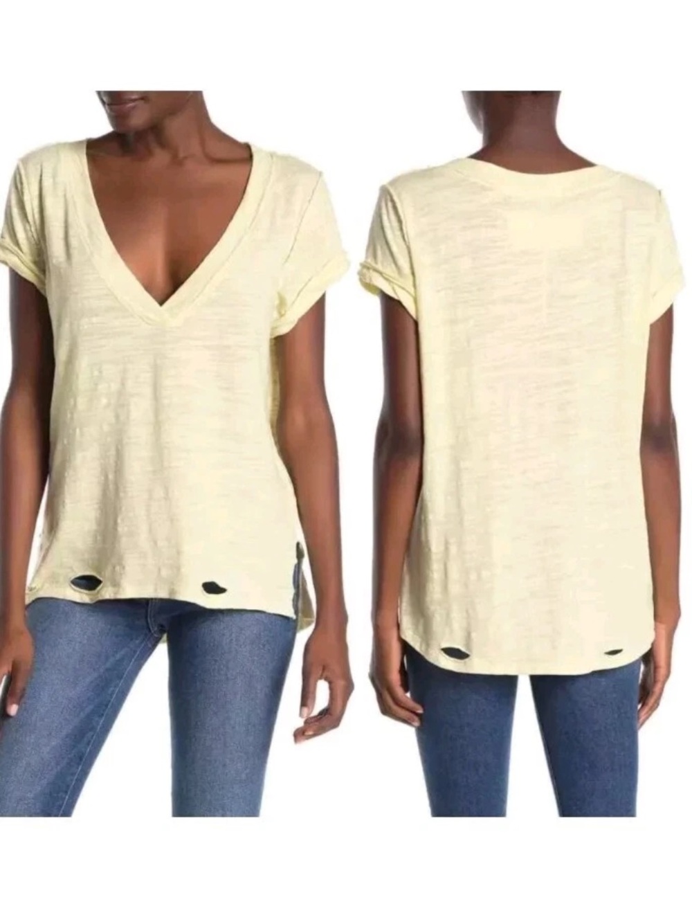 We The Free Free People Lemon Light Sundance Distressed Tee Womens Sz  S